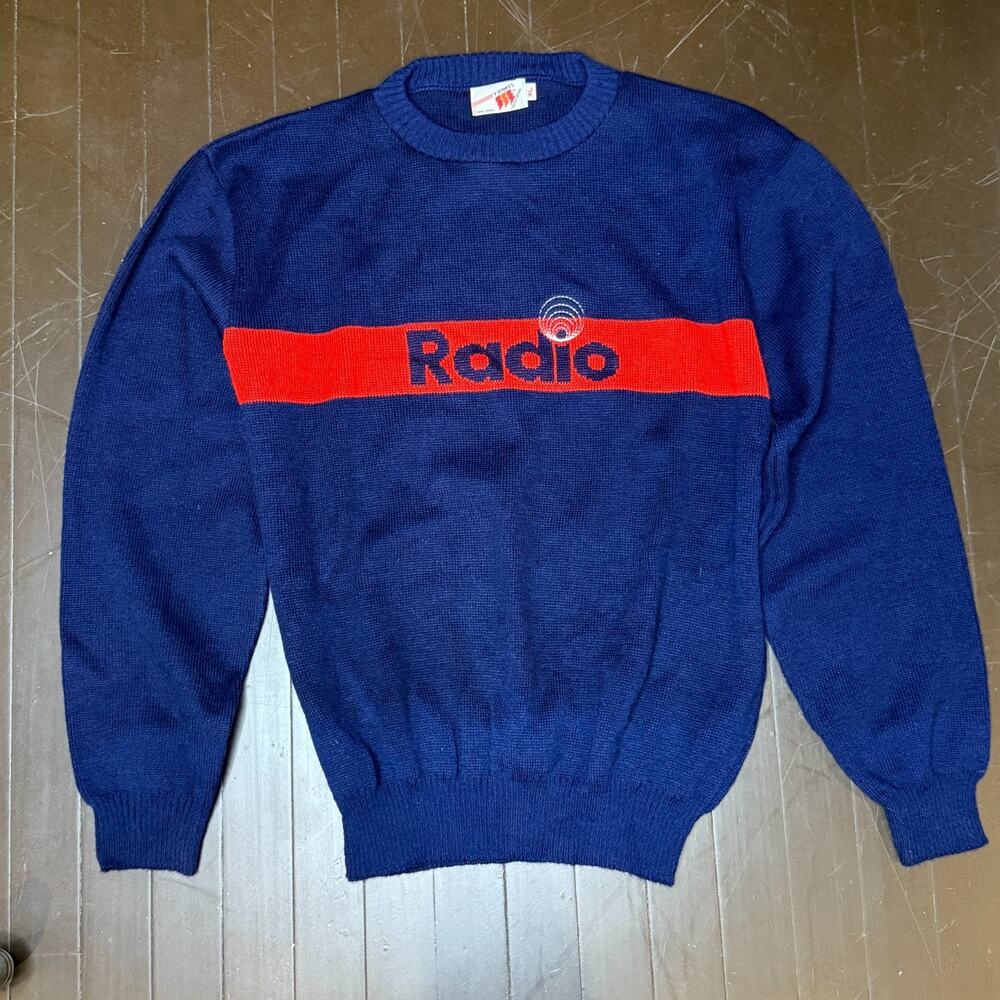 Vintage 3 Strikes Radio Knit Sweater Navy Red XL Retro 80s Graphic Promo RARE